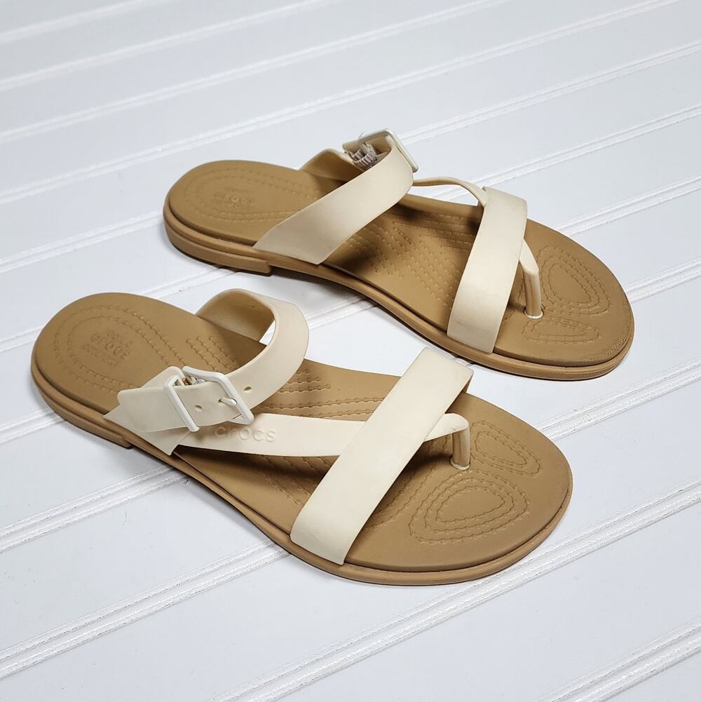Crocs Women's Tulum Toe Post Cream Sandals Size 6